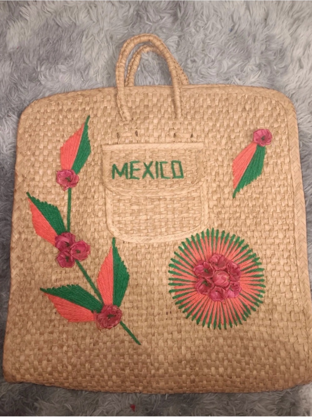 Natural Straw Tote with Pink & Green Embroidery - Mexico Accent